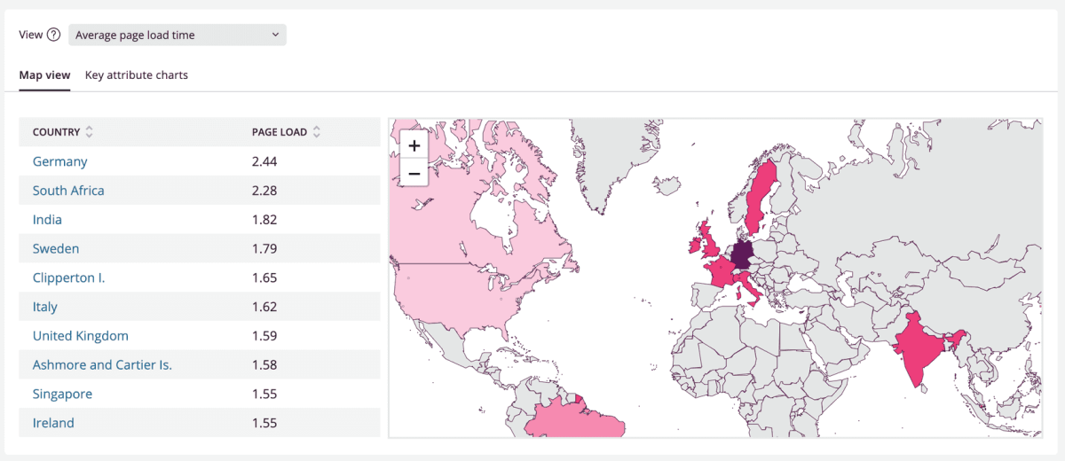 Screenshot of New Relic map view with filters on country