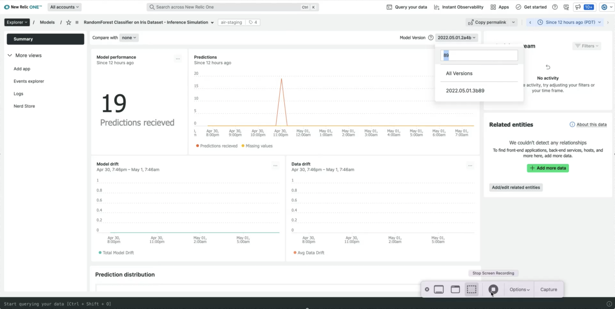 New Relic MLOps screenshot