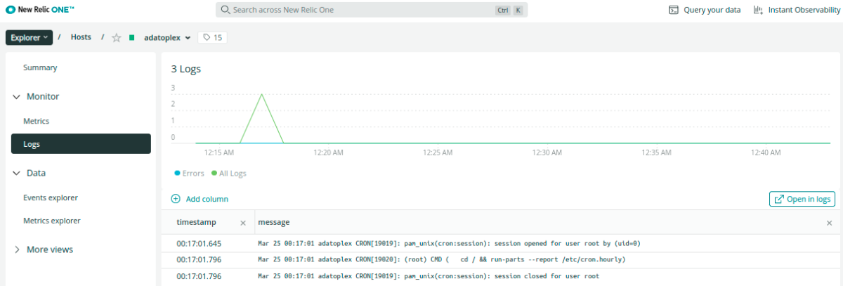 Logs tab in New Relic Explorer shows log messages