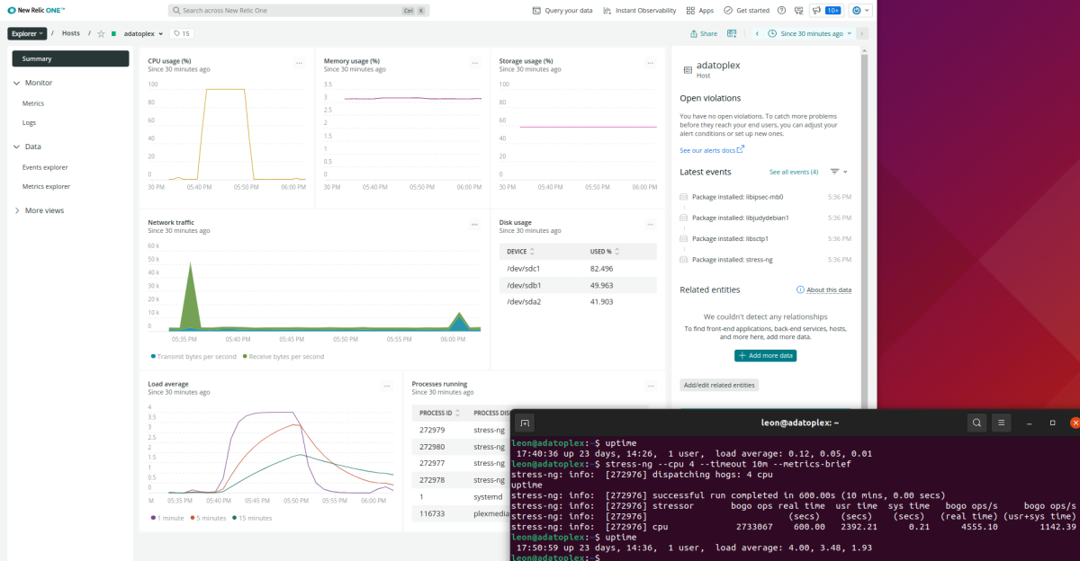 Terminal shows stress test while New Relic dashboard shows results of stress test.