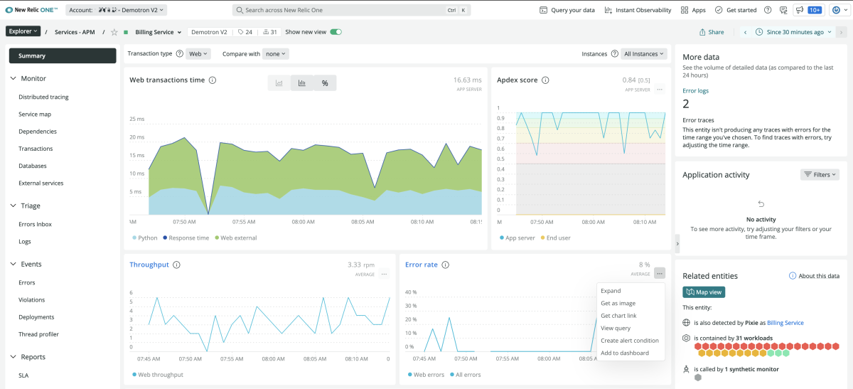 View of New Relic APM dashboard