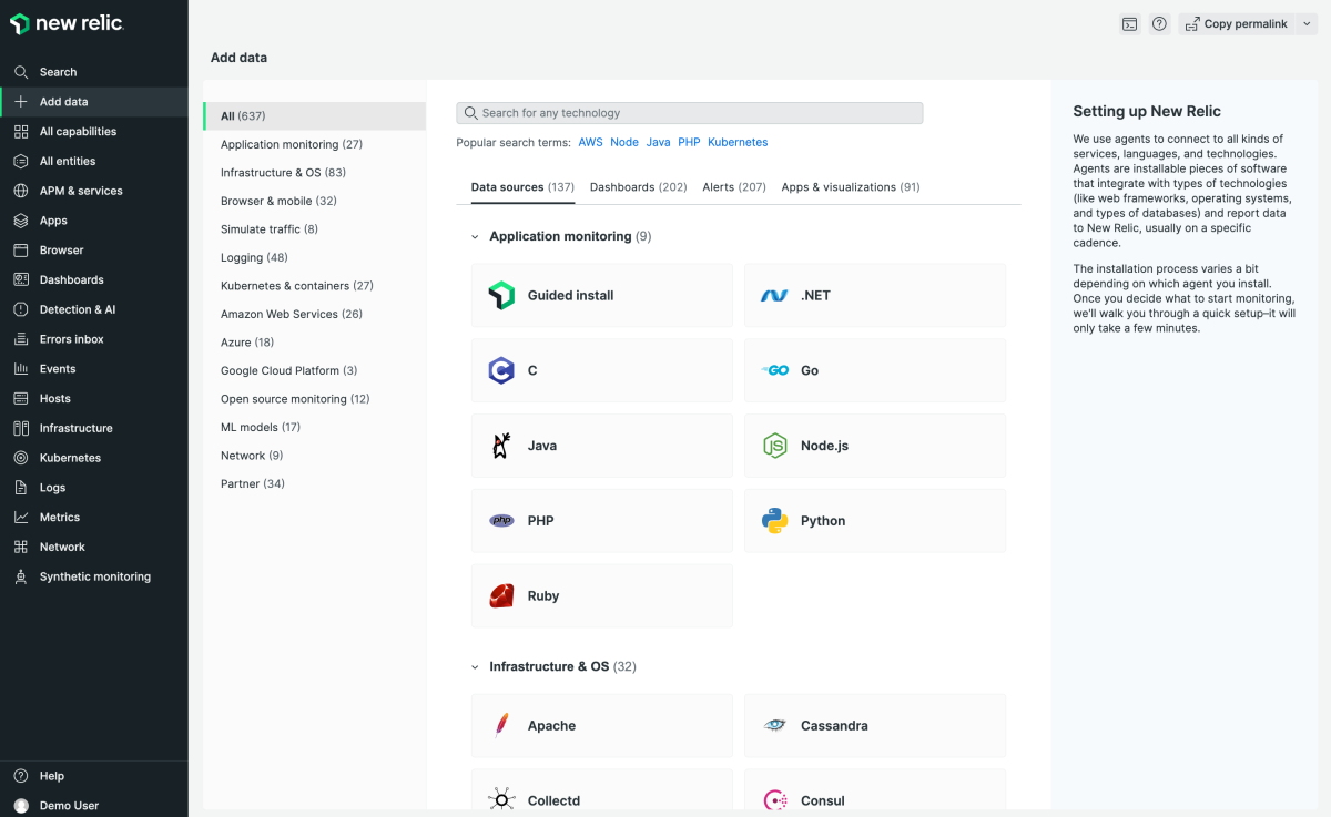 Screenshot of redesigned New Relic Add data option: Shows Application monitoring, Infrastructure & OS, Browser & mobile, Simulate traffic, Logging, Kubernetes & containers, Amazon Web Services, Azure, Google Cloud Platform, Open source monitoring, ML models, Network, Partner.