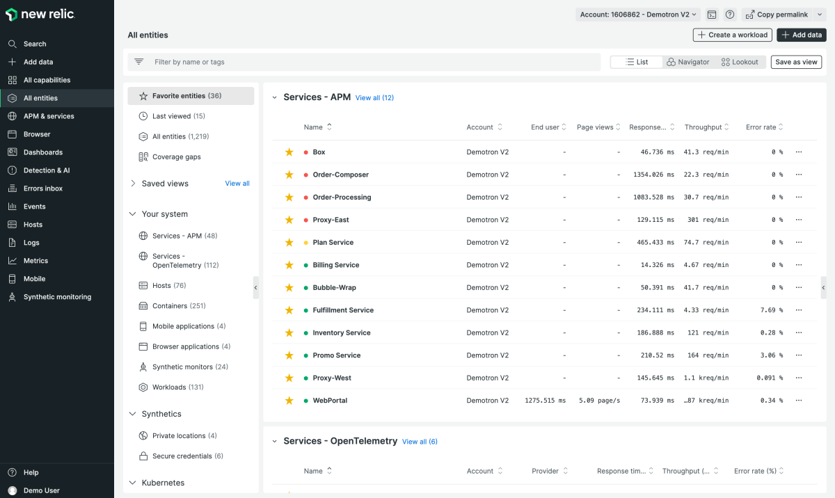 Screenshot of All entities in the redesigned New Relic UI shows Services - APM, Services - OpenTelemetry, Hosts, Containers, Mobile applications, Browser applications, Synthetic monitors, Workloads, Private locations, Secure credentials, and more