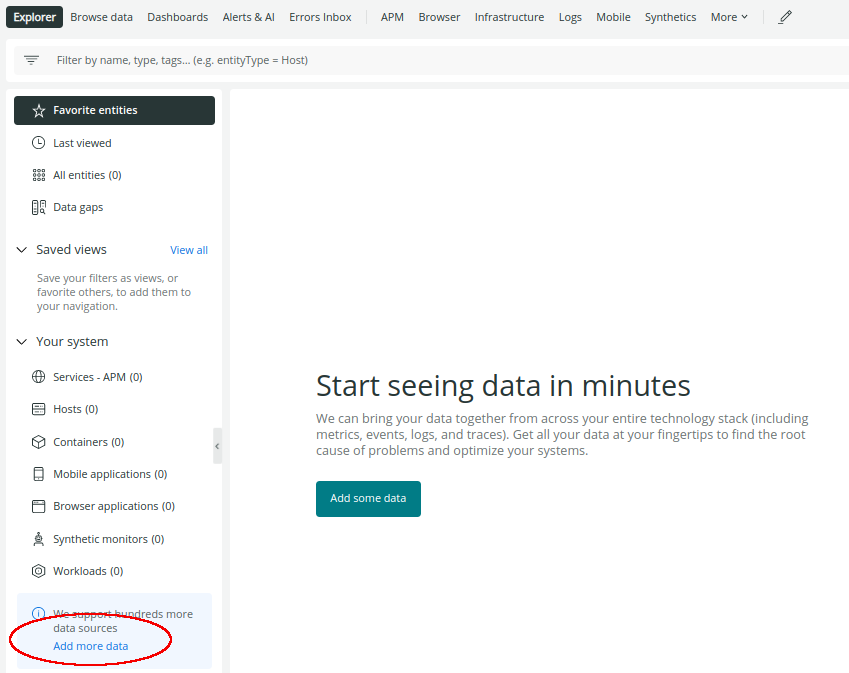 Add more data circled on the Start seeing data in minutes page.