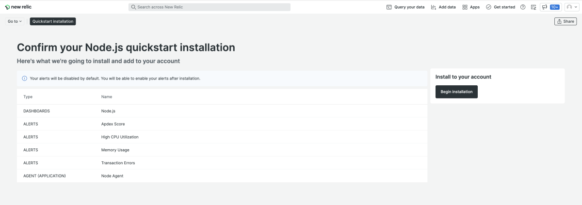 Screen shot of the confirmation page for installing the Node.js quickstart