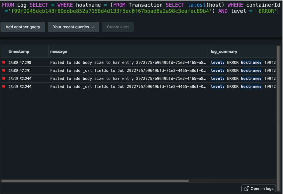 Capture d'écran de sous-requêtes NRQL : analyser des connexions entre transactions et logs