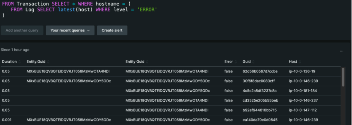 NRQL subqueries screenshot: discovering transactions from hosts that produce log errors