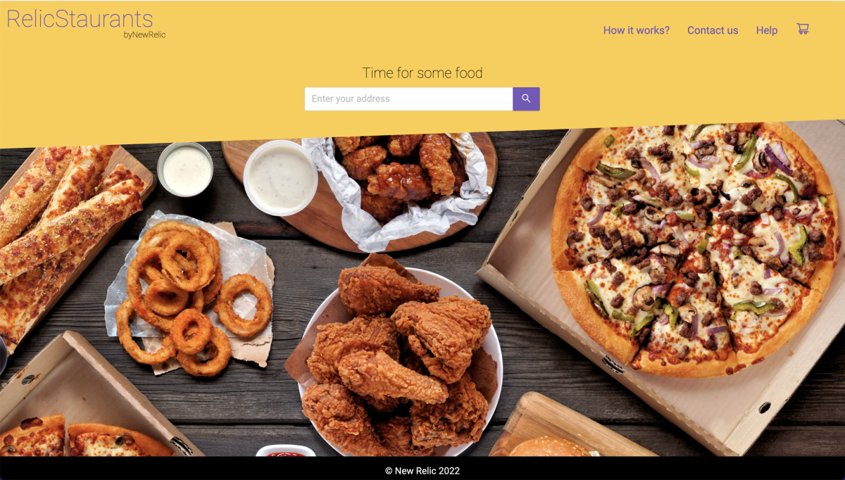 Screen shot of the RelicStaurants homepage of the FoodMe sample application, showing an assortment of fast food.