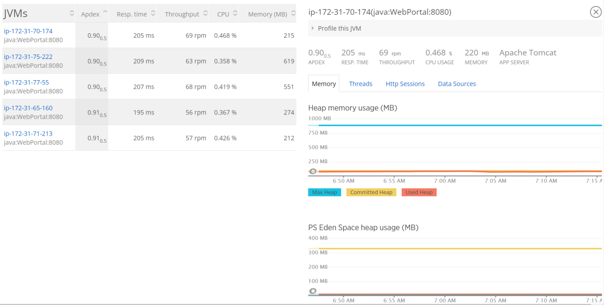 New Relic dashboard shows metrics for monitoring JVMs.