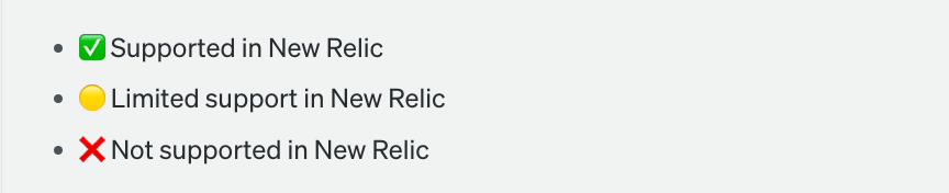 Key for the Compare New Relic agents with OpenTelemetry table