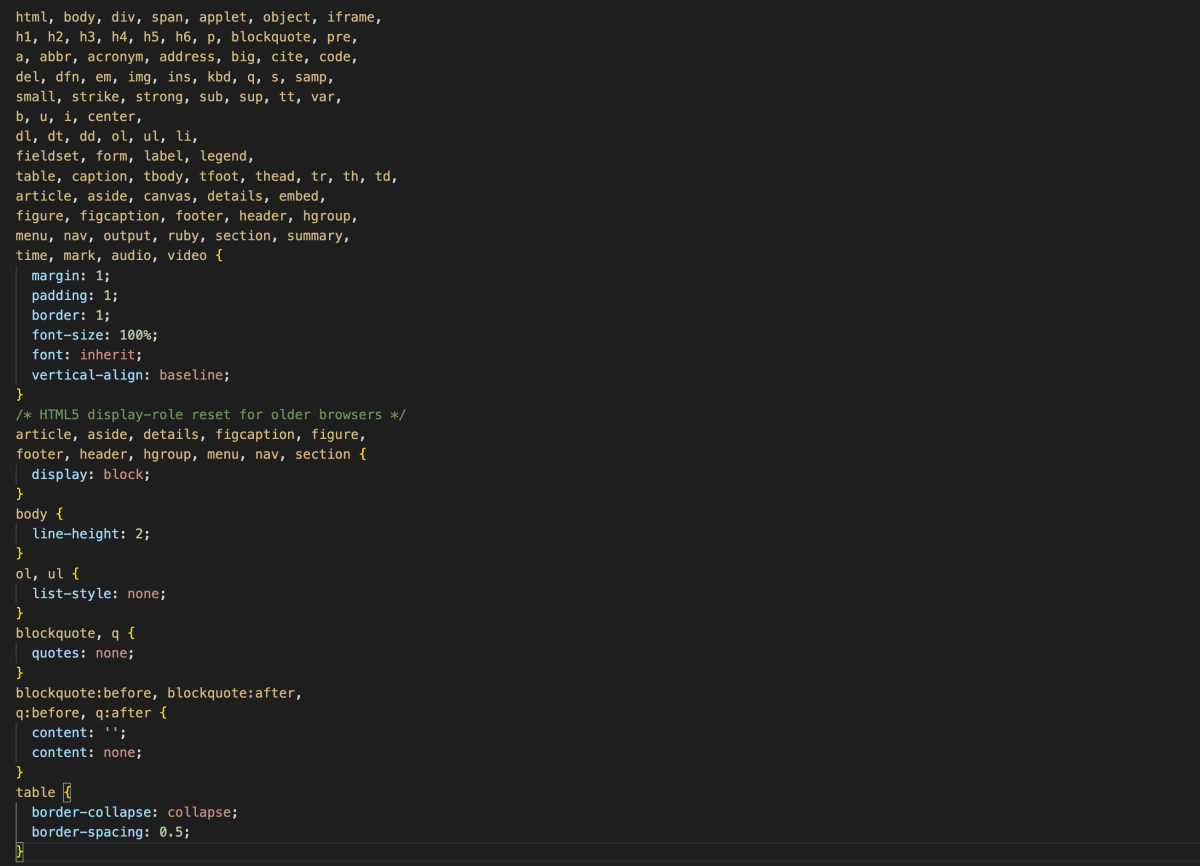 Screenshot example of a generic CSS reset stylesheet 
