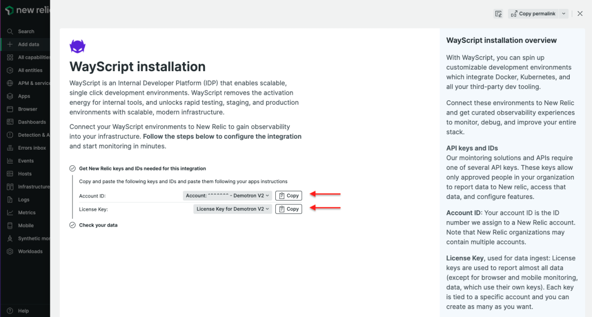 Capture d'écran de la page d'installation des sources de données WayScript dans New Relic