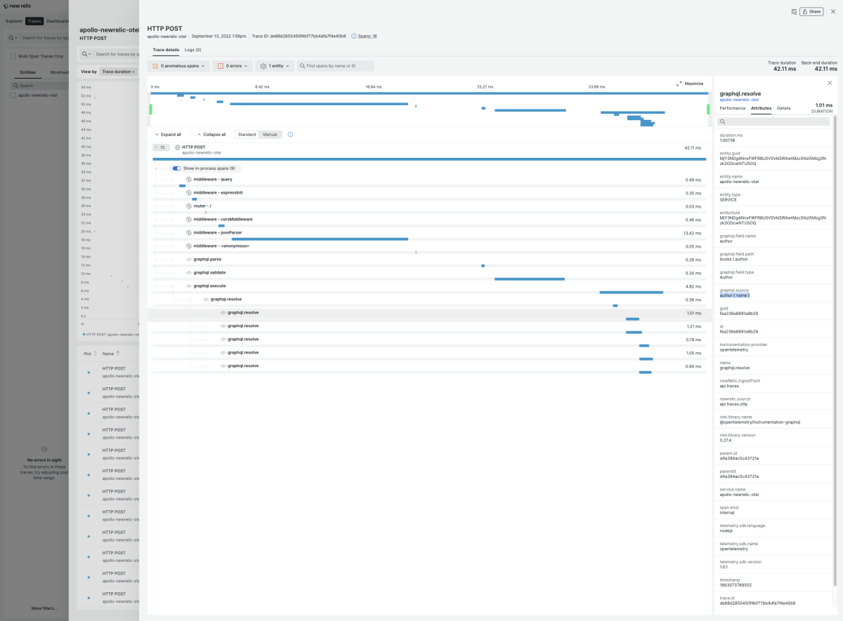 Trace view shows spans correlated with each phase of an Apollo query request cycle.
