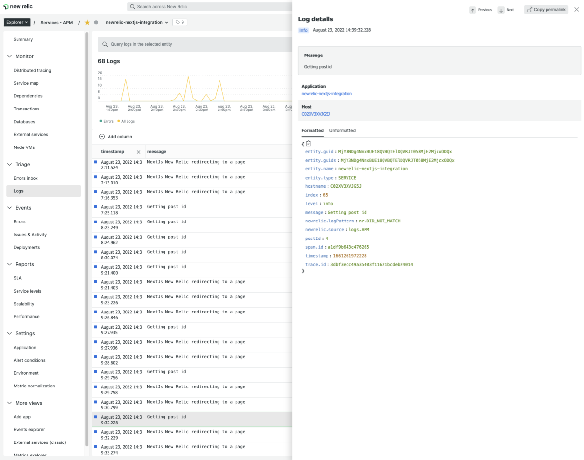 New Relic UI - APM Logs View