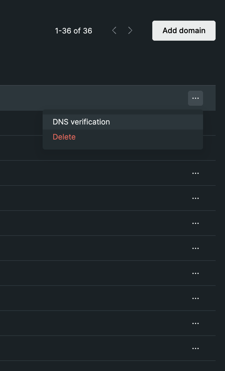 Klicken Sie auf der Domainmanagement-Seite auf die Option „DNS verification“ für die jeweilige Domäne.