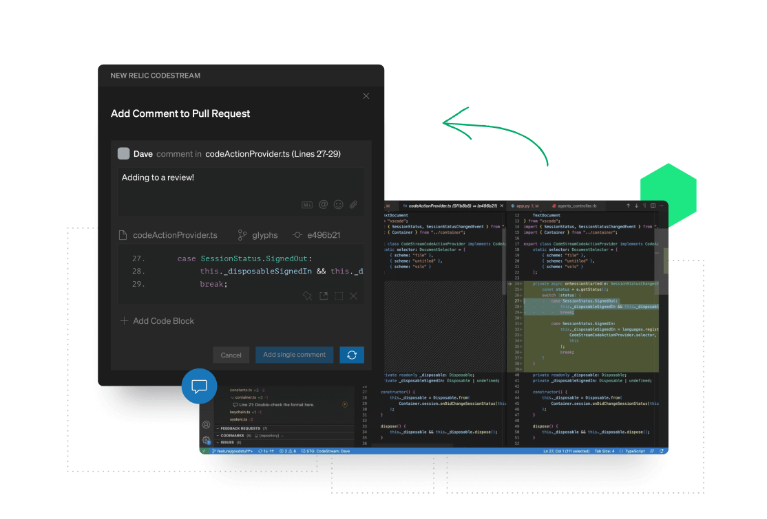 Dashboard with code discussion and review at code locations in the IDE.