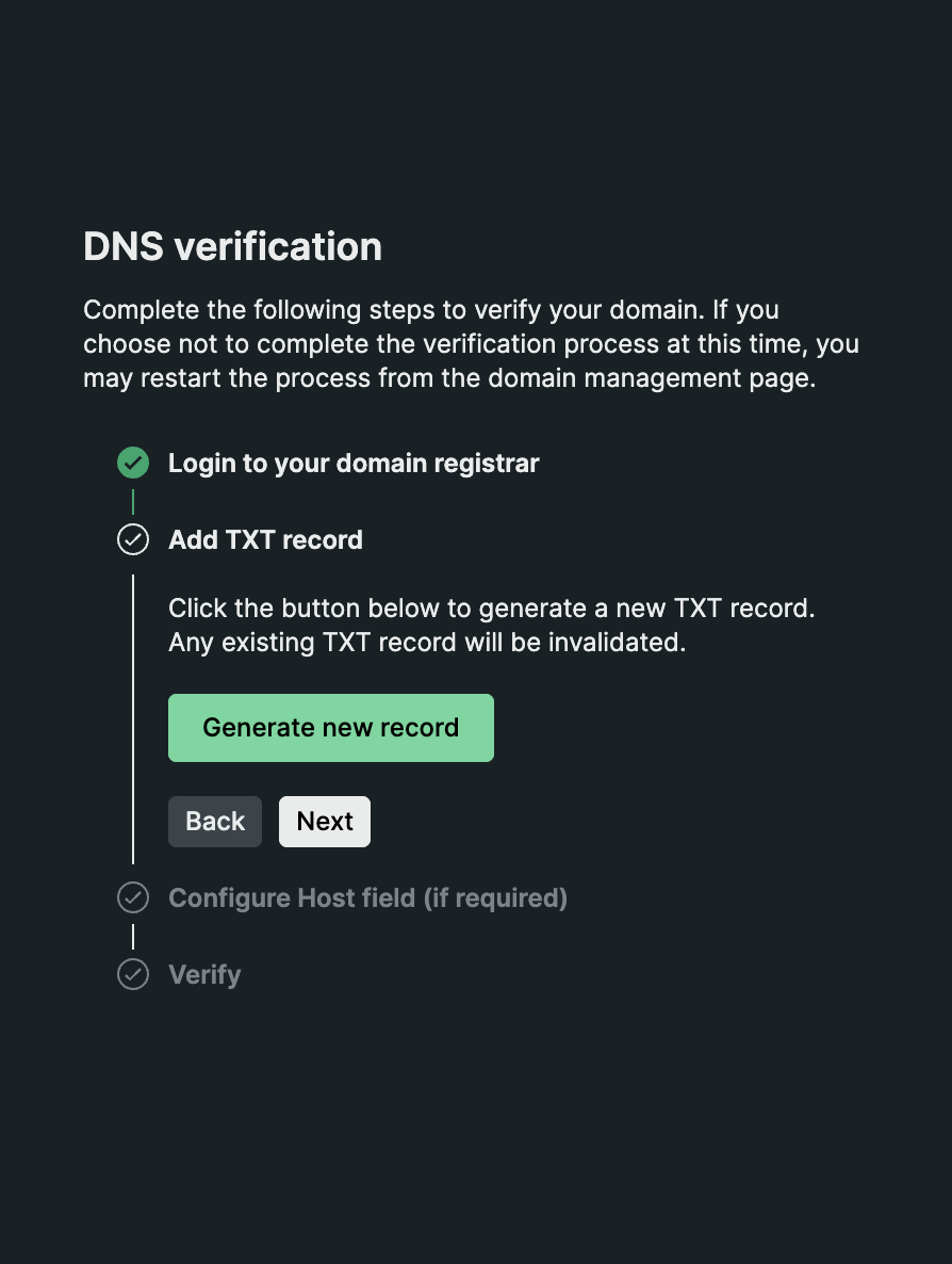 Connexion à l'étape d'enregistrement des noms de domaine lors de l'étape de vérification DNS dans New Relic