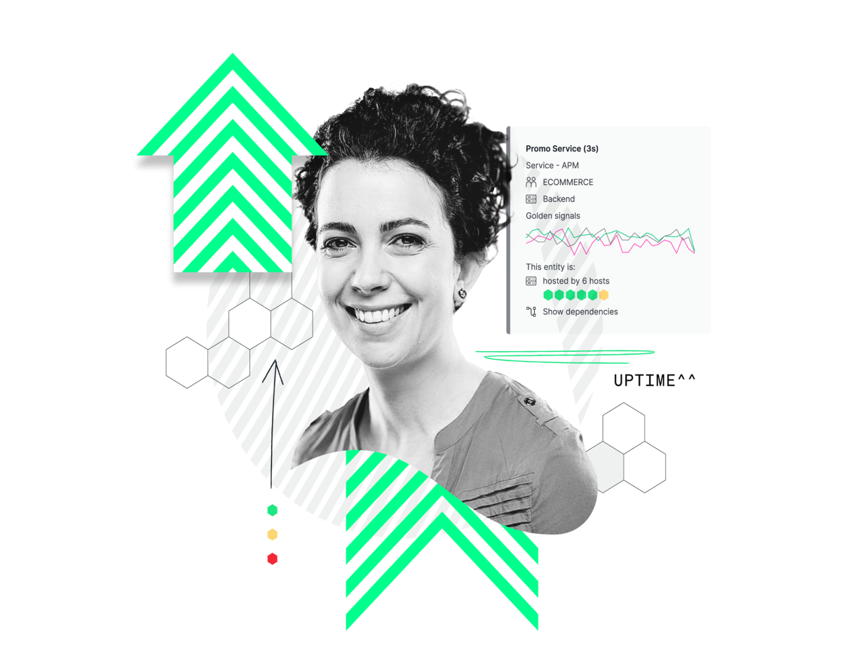 AWS reInvent hero graphic depicting a headshot of a woman smiling with charts and arrows