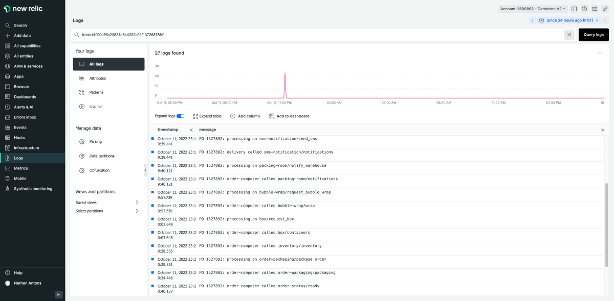 Shows query results of logs connected to a trace for the best logs in context.