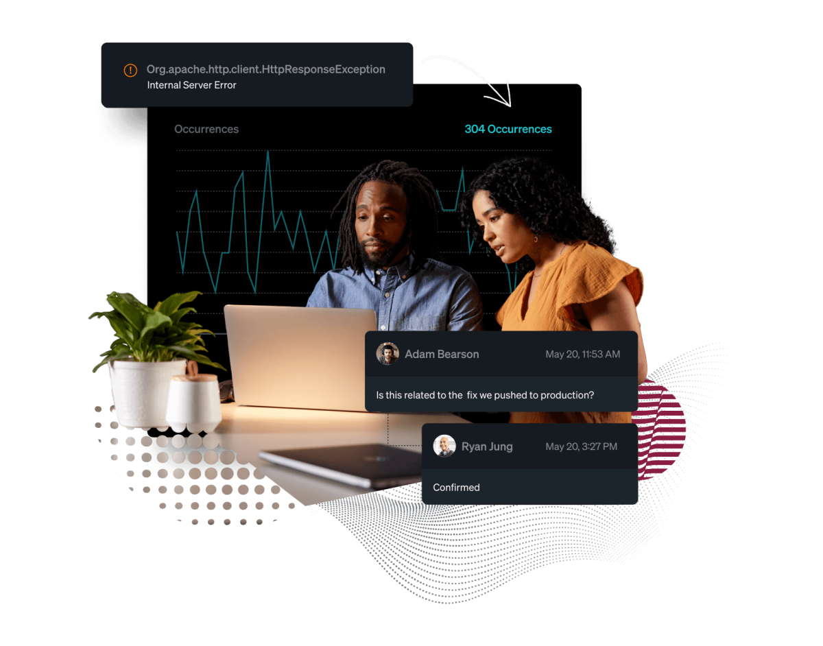 Two people using a laptop with New Relic dashboard as the background