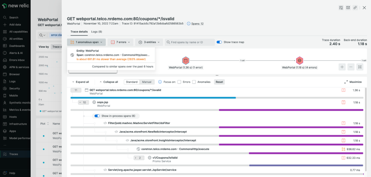 Screenshot of the distributed tracing view in New Relic application performance monitoring.