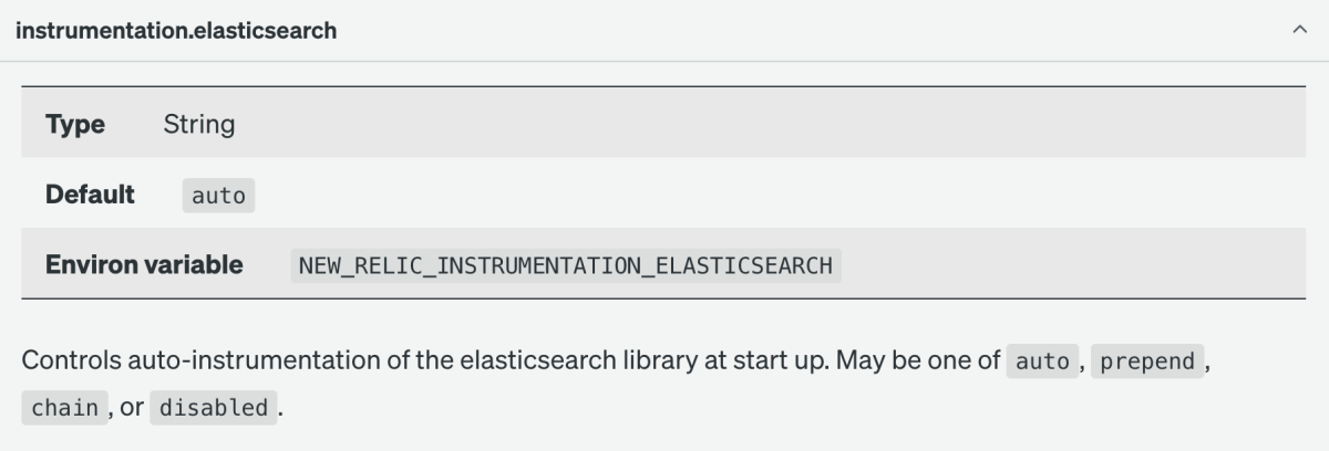 Screenshot of New Relic Ruby agent configuration documentation for the instrumentation.elasticsearch configuration option.