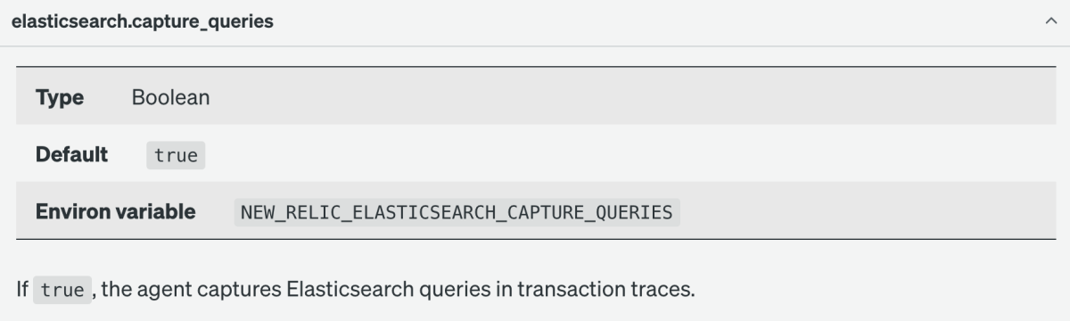 Screenshot of New Relic Ruby agent configuration documentation for the elasticsearch.capture_queries configuration option.