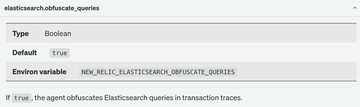 Screenshot of New Relic Ruby agent configuration documentation for the elasticsearch.obfuscate_queries configuration option.