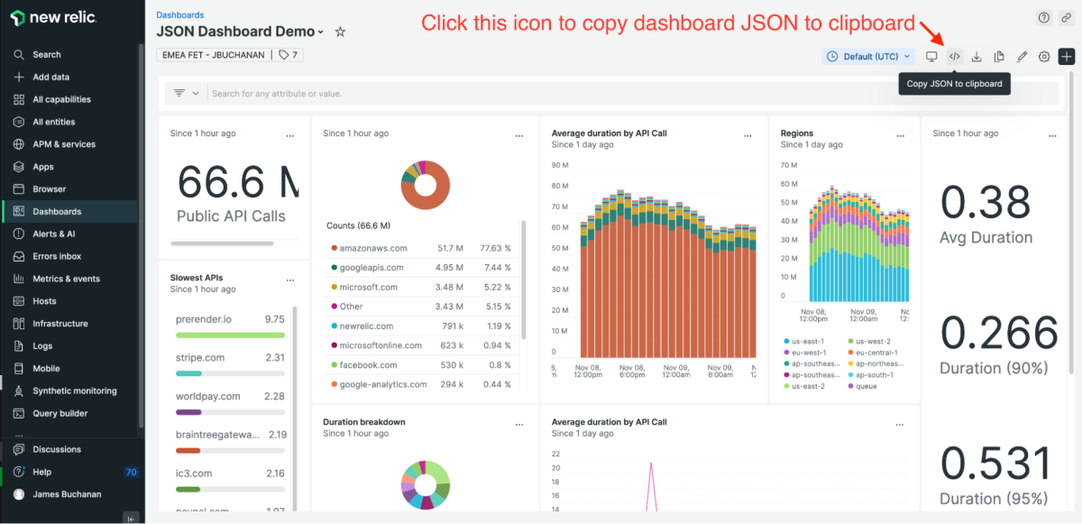 JSON dashboard demo widgets with icon to select highlighted