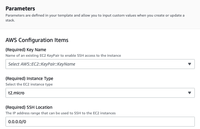 Screenshot of Parameters window and example AWS Configuration Items for CloudFormation