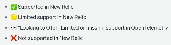 Key for the Compare New Relic agents with OpenTelemetry table