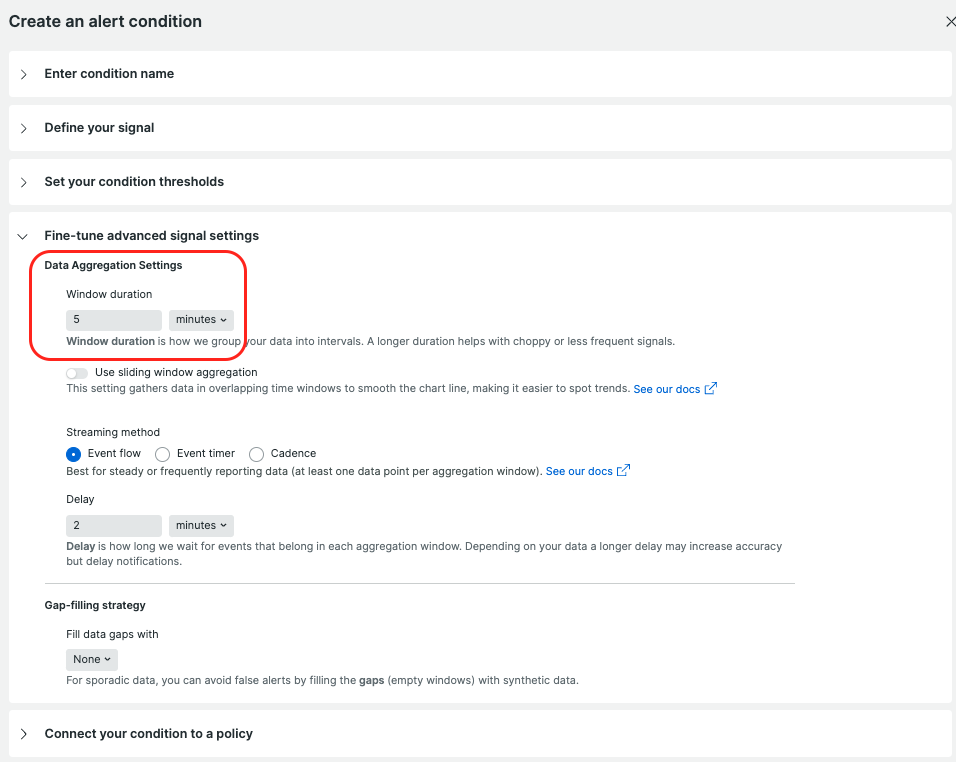 Screenshot of data aggregation settings for creating an alert condition in New Relic