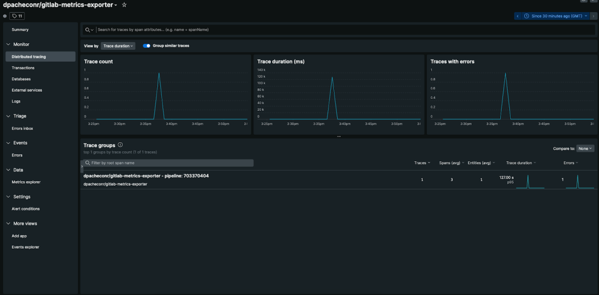 An example of a trace from the exporter in the distributed traces dashboard in New Relic.