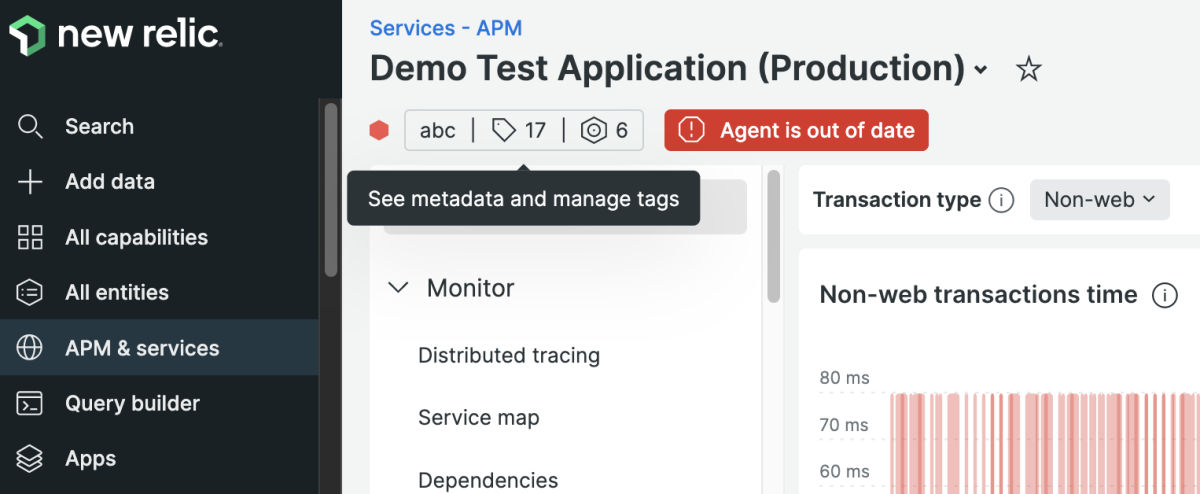 Screenshot of see metadata and manage tags option for a service in New Relic 