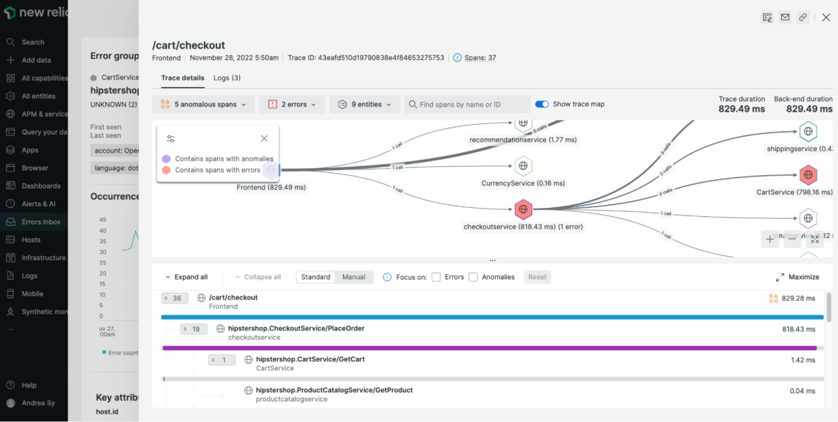 Screenshot of trace details in New Relic errors inbox
