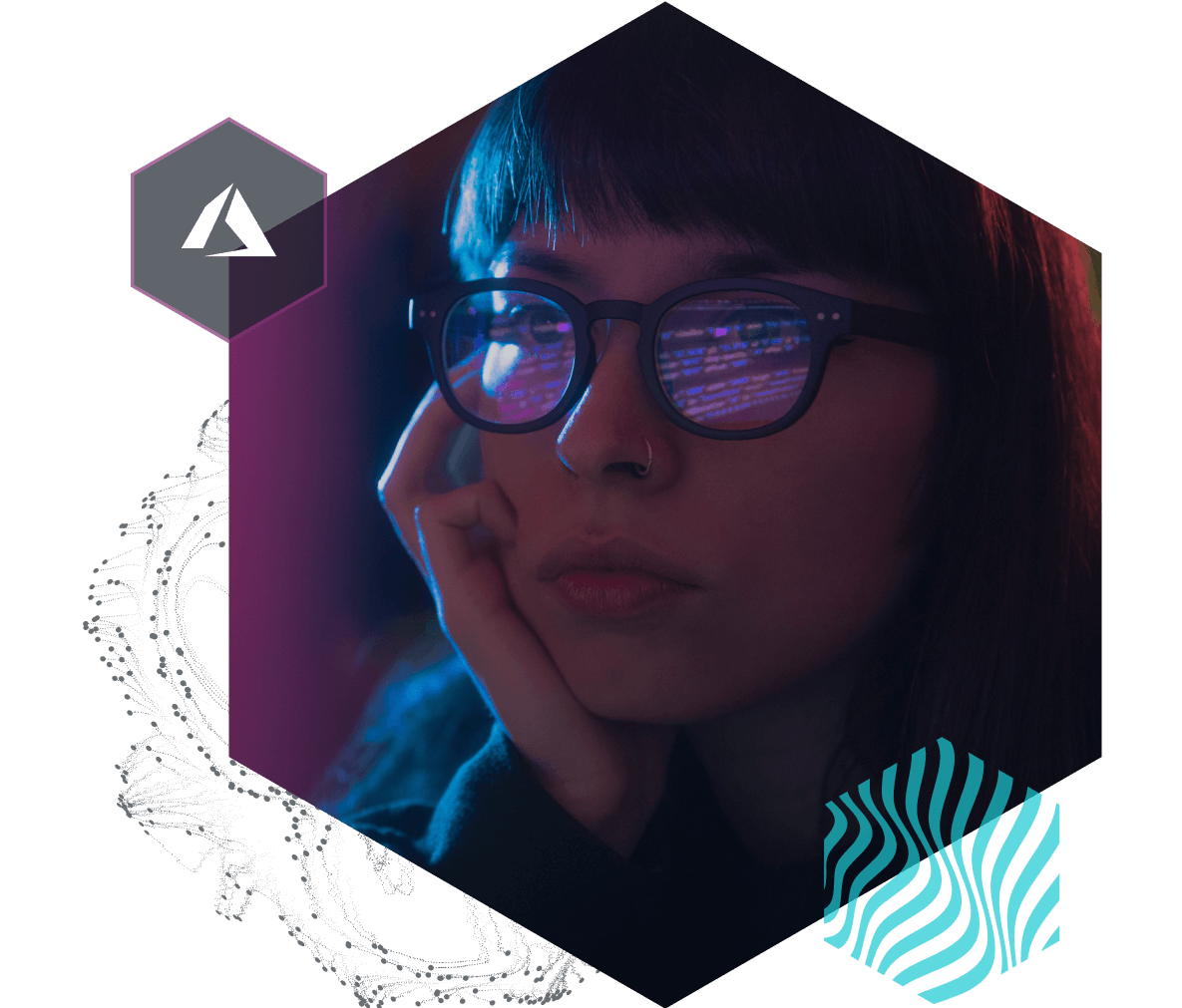 Stylized image of a woman's face with code reflected in her glasses.