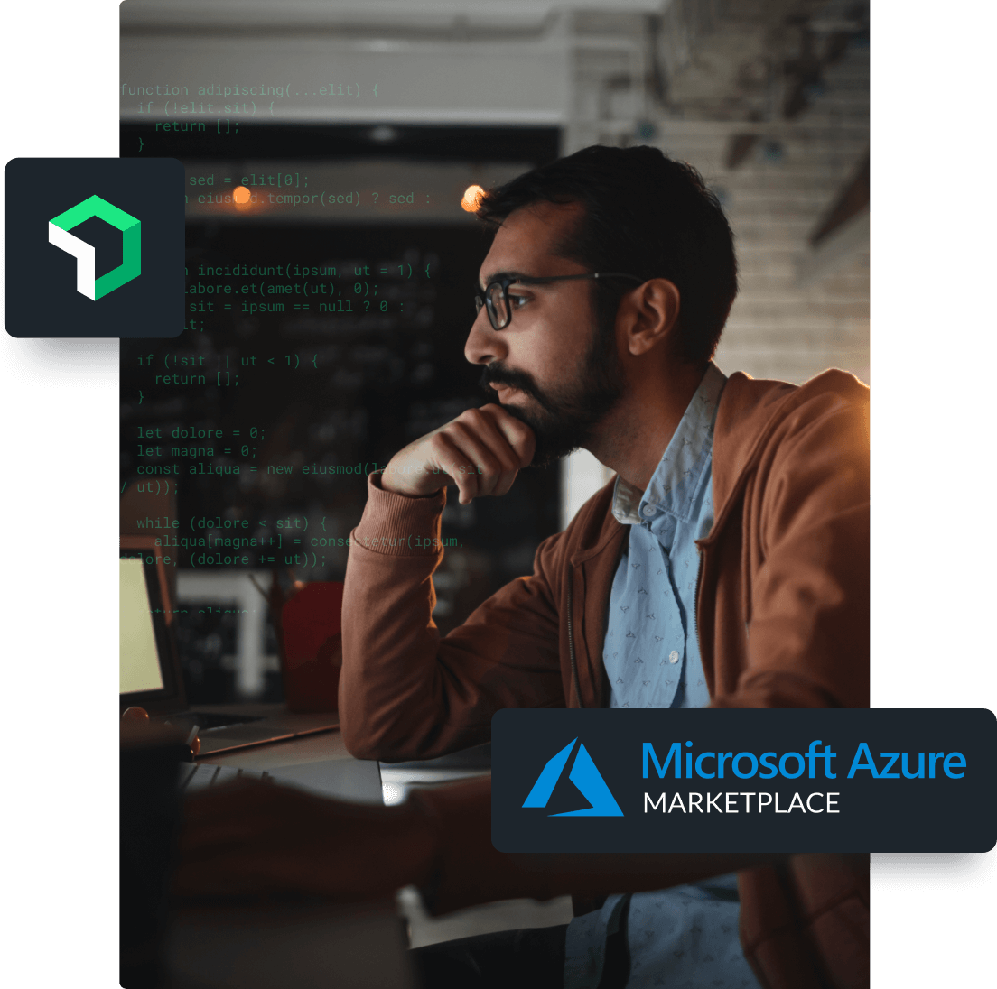 Developer seated in front of computer, New Relic and Microsoft Azure logos superimposed. 