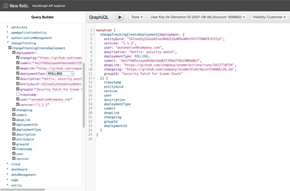  screenshot of New Relic change tracking NerdGraph API