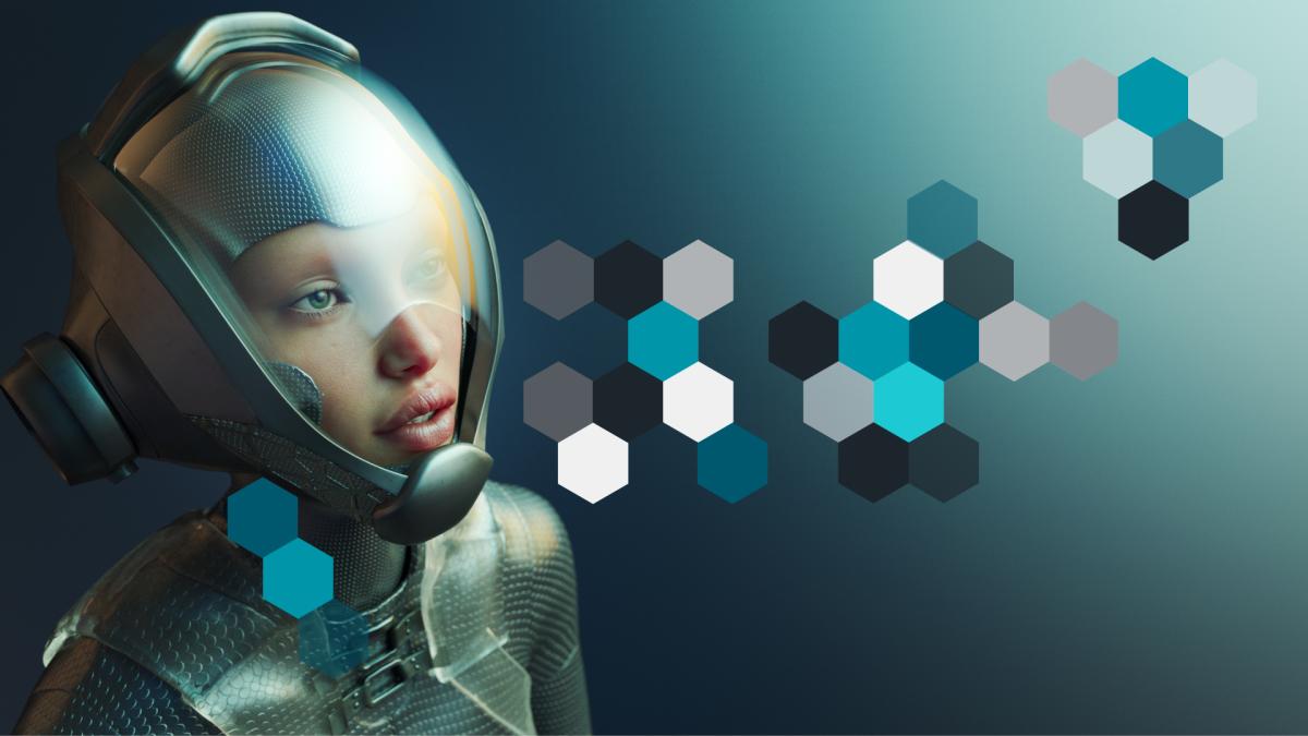 Woman in spacesuit looking into a field of hexagons.