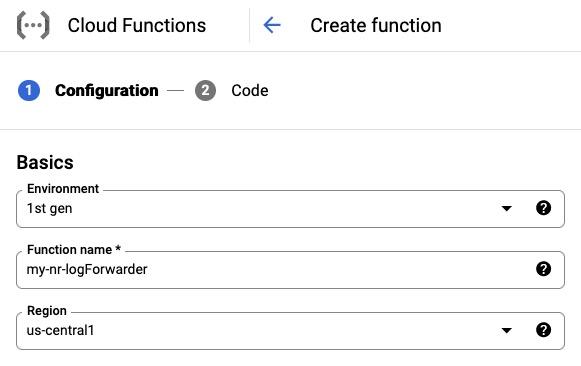 Screenshot of Create function screen in Google Cloud Functions