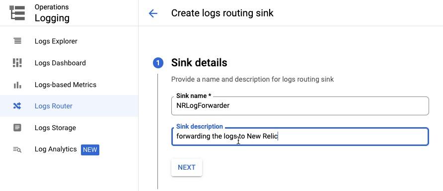Screenshot of Google Cloud Logging sink details for NRLogForwarder