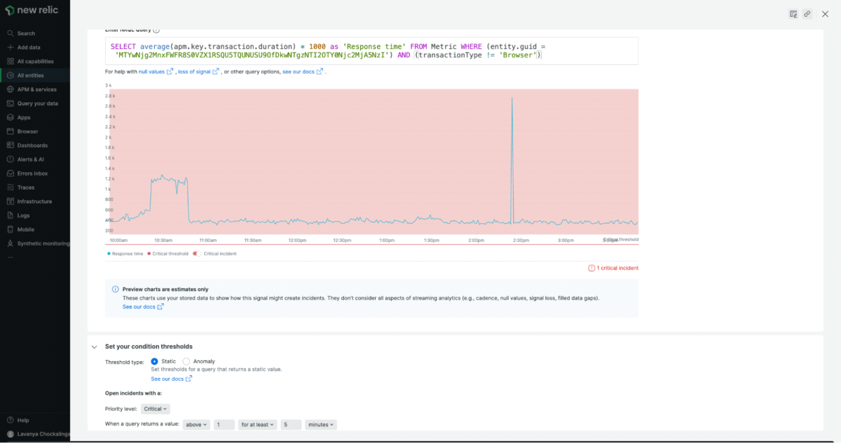Screenshot of key transaction charts in New Relic where you can set up alerts or add the key transactions to dashboards 