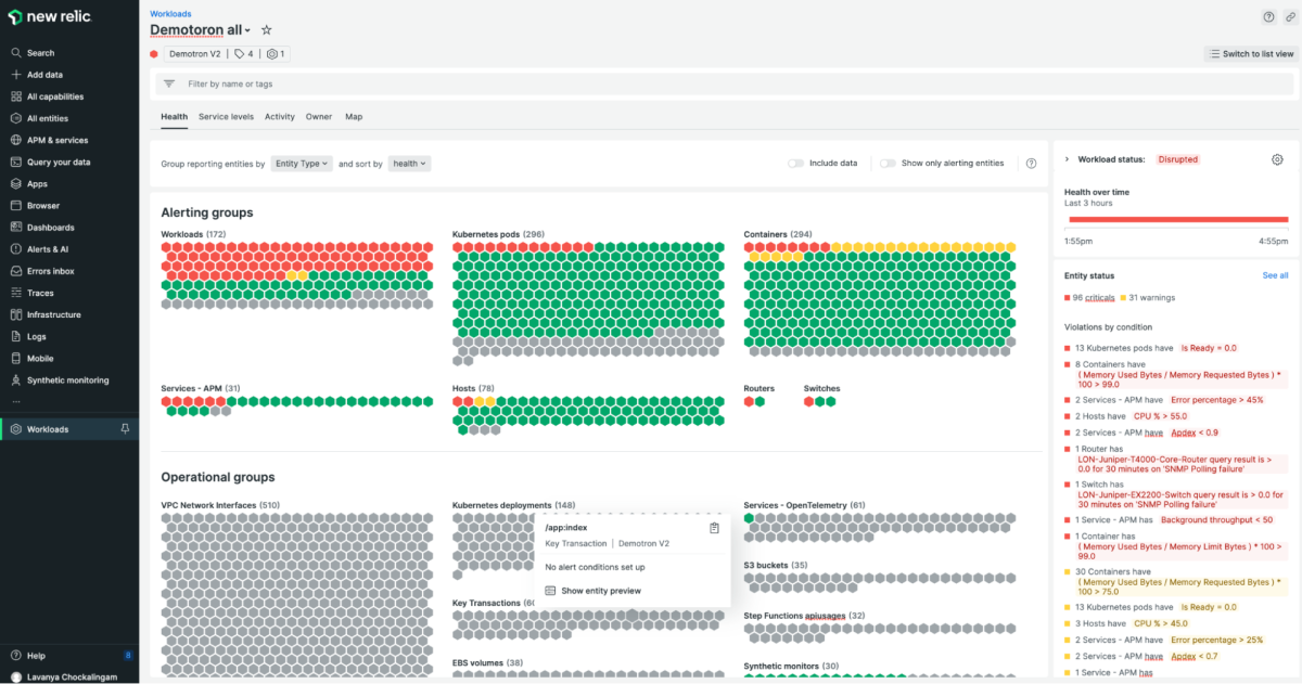 Screenshot of a workload view in New Relic of the an example key transaction with all other related entities