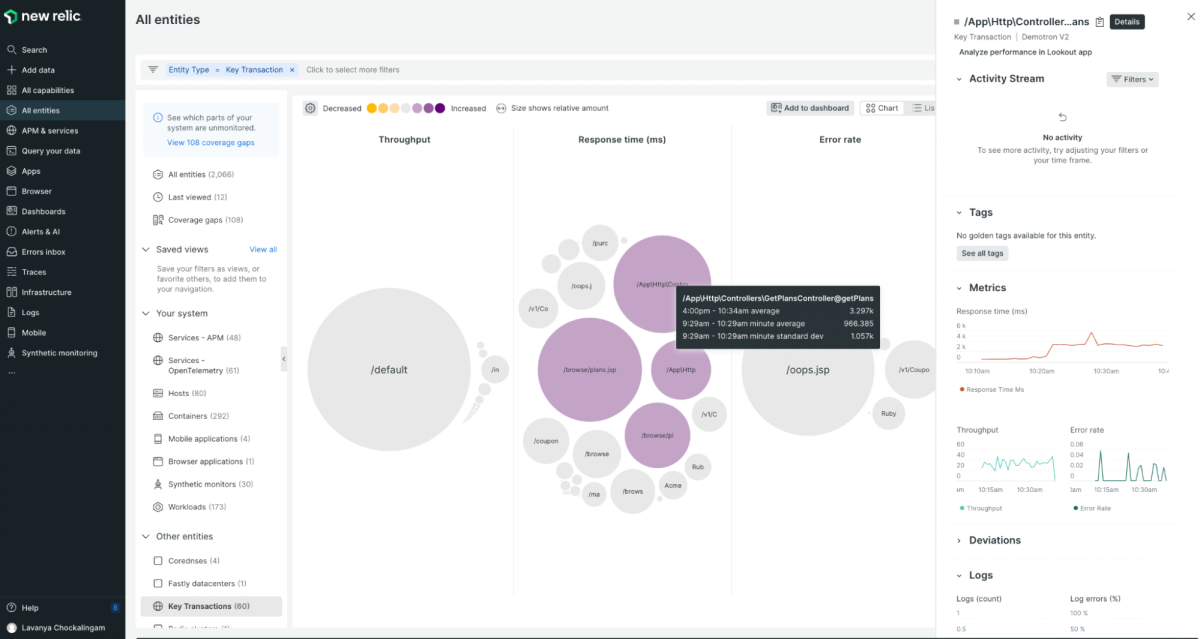 Screenshot of key transactions in New Relic Lookout