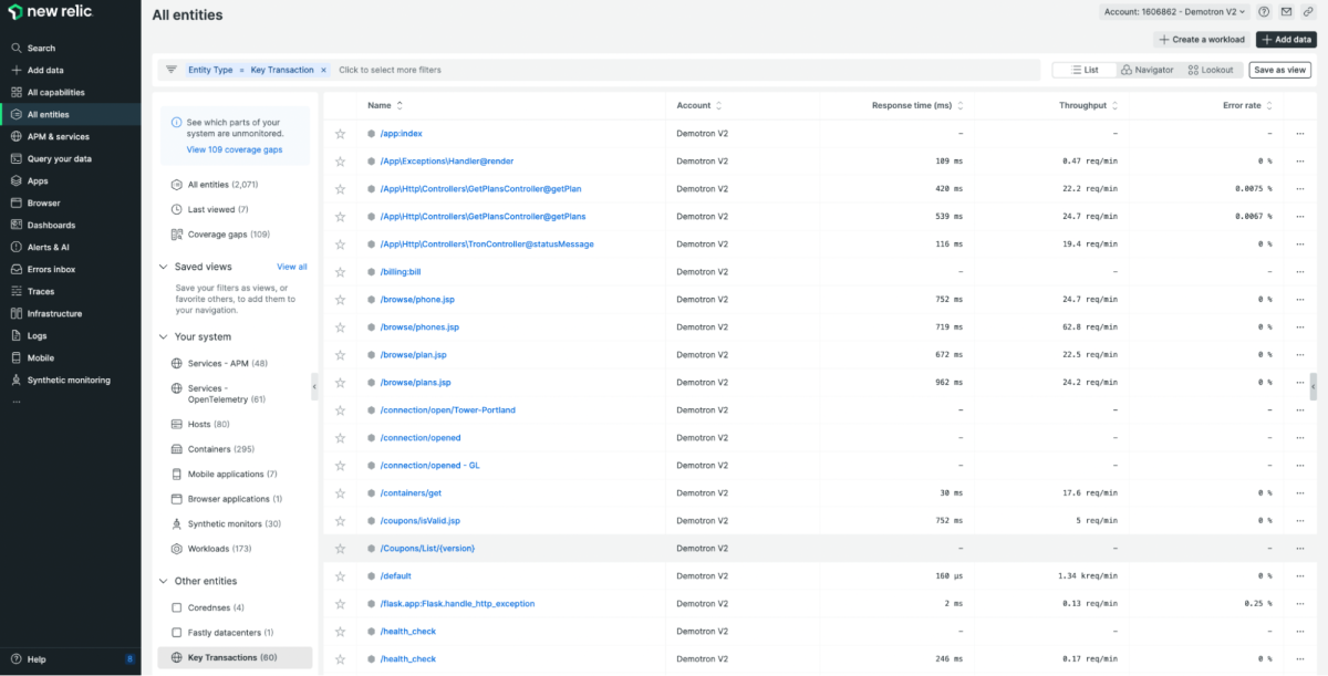 Screenshot: All entities > Key Transactions in New Relic