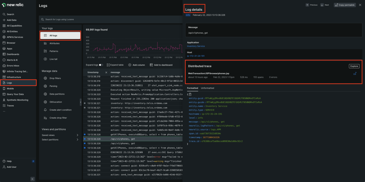 Screenshot of New Relic Logs>Log details>Distributed trace