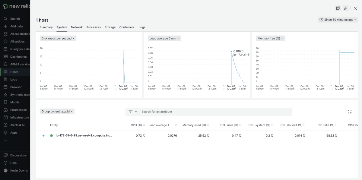 A dashboard view of the New Relic hosts and metrics rolling in