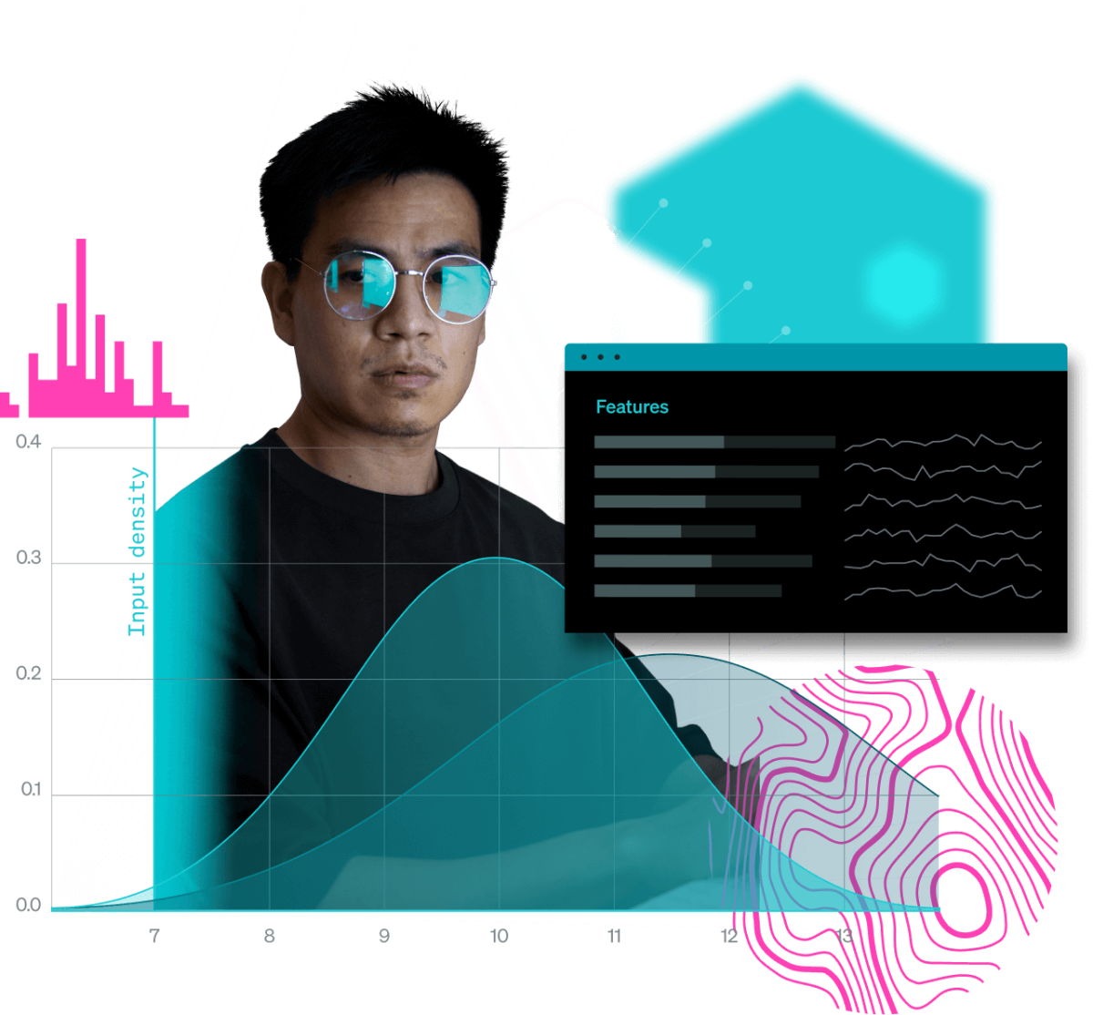 Man surrounded by data visualization design elements. 