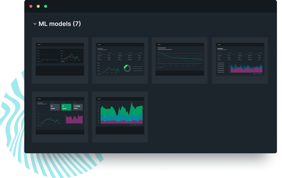 Thumbnails of various dashboards for ML models.