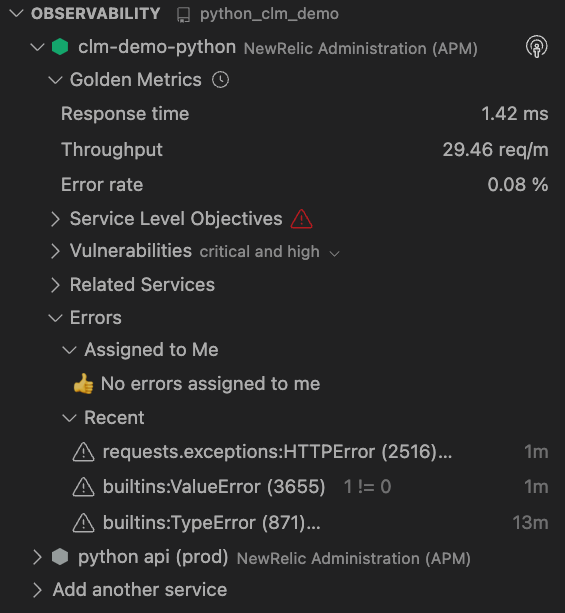 Screenshot of service-level telemetry performance info examples in an IDE with New Relic CodeStream